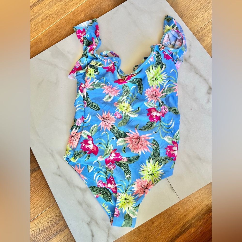Ew Anthropologie Tori Praver floral blue pink ruffle one piece swimsuit